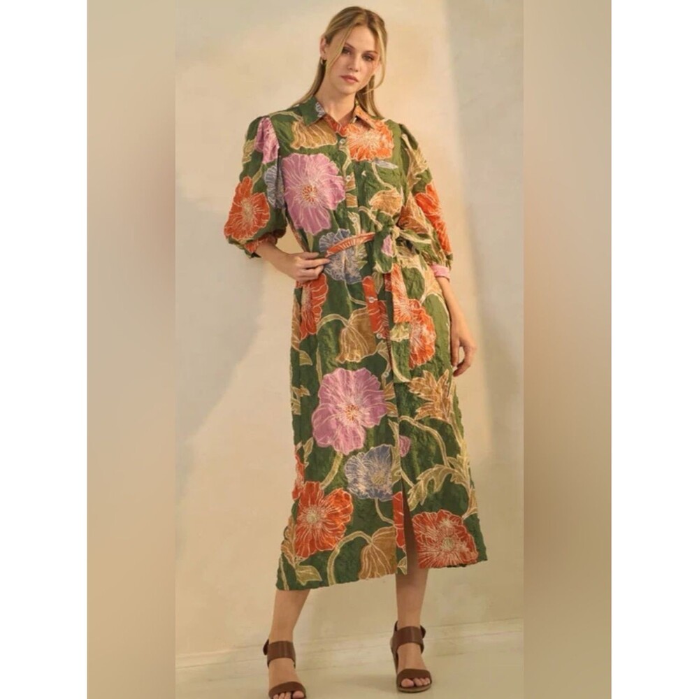 NEW Oddi size medium Floral Button-Front Midi Dress with Tie
